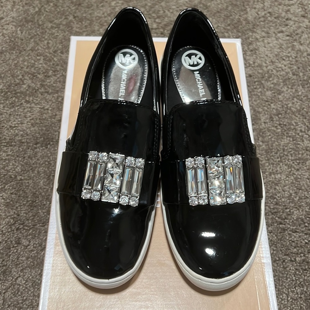 Michael Kors black shiny slip on shoes with silver crystal gems